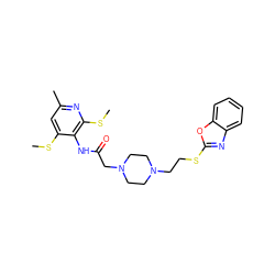 CSc1cc(C)nc(SC)c1NC(=O)CN1CCN(CCSc2nc3ccccc3o2)CC1 ZINC000022453136