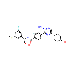 CSc1cc(F)cc([C@@H](CO)NC(=O)c2ccc(-c3nc([C@H]4CC[C@H](O)CC4)cnc3N)cc2F)c1 ZINC001772599843