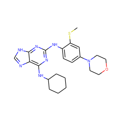 CSc1cc(N2CCOCC2)ccc1Nc1nc(NC2CCCCC2)c2nc[nH]c2n1 ZINC000084668410