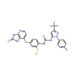 CSc1cc(Oc2ccnc3[nH]c(=O)[nH]c23)ccc1NC(=O)Nc1cc(C(C)(C)C)nn1-c1ccc(C)cc1 ZINC000049793615