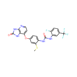 CSc1cc(Oc2ccnc3[nH]c(=O)[nH]c23)ccc1NC(=O)Nc1cc(C(F)(F)F)ccc1F ZINC000040954043