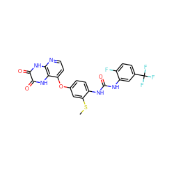 CSc1cc(Oc2ccnc3[nH]c(=O)c(=O)[nH]c23)ccc1NC(=O)Nc1cc(C(F)(F)F)ccc1F ZINC000058575010