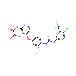 CSc1cc(Oc2ccnc3[nH]c(=O)c(=O)[nH]c23)ccc1NC(=O)Nc1ccc(Cl)c(C(F)(F)F)c1 ZINC000058541380