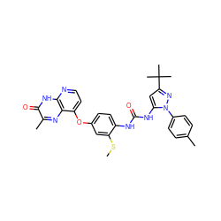 CSc1cc(Oc2ccnc3[nH]c(=O)c(C)nc23)ccc1NC(=O)Nc1cc(C(C)(C)C)nn1-c1ccc(C)cc1 ZINC000058582376