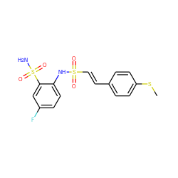 CSc1ccc(/C=C/S(=O)(=O)Nc2ccc(F)cc2S(N)(=O)=O)cc1 ZINC000148639561