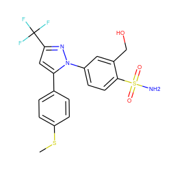 CSc1ccc(-c2cc(C(F)(F)F)nn2-c2ccc(S(N)(=O)=O)c(CO)c2)cc1 ZINC000000589799