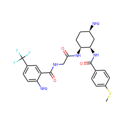 CSc1ccc(C(=O)N[C@@H]2C[C@H](N)CC[C@@H]2NC(=O)CNC(=O)c2cc(C(F)(F)F)ccc2N)cc1 ZINC000040935766