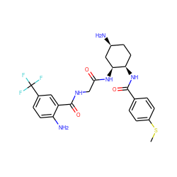 CSc1ccc(C(=O)N[C@@H]2CC[C@H](N)C[C@@H]2NC(=O)CNC(=O)c2cc(C(F)(F)F)ccc2N)cc1 ZINC000040936611