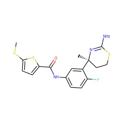 CSc1ccc(C(=O)Nc2ccc(F)c([C@]3(C)CCSC(N)=N3)c2)s1 ZINC000147006554