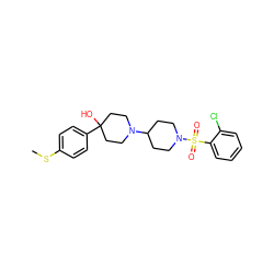 CSc1ccc(C2(O)CCN(C3CCN(S(=O)(=O)c4ccccc4Cl)CC3)CC2)cc1 ZINC000029125588