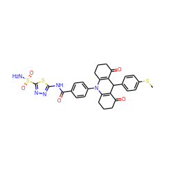 CSc1ccc(C2C3=C(CCCC3=O)N(c3ccc(C(=O)Nc4nnc(S(N)(=O)=O)s4)cc3)C3=C2C(=O)CCC3)cc1 ZINC000653873540