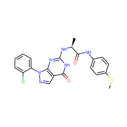 CSc1ccc(NC(=O)[C@H](C)Nc2nc3c(cnn3-c3ccccc3Cl)c(=O)[nH]2)cc1 ZINC000095578713