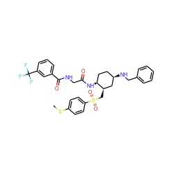 CSc1ccc(S(=O)(=O)C[C@@H]2C[C@H](NCc3ccccc3)CC[C@@H]2NC(=O)CNC(=O)c2cccc(C(F)(F)F)c2)cc1 ZINC000049841099