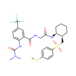 CSc1ccc(S(=O)(=O)C[C@@H]2CCCC[C@@H]2NC(=O)CNC(=O)c2cc(C(F)(F)F)ccc2NC(=O)N(C)C)cc1 ZINC000042802823