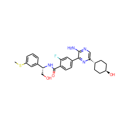 CSc1cccc([C@@H](CO)NC(=O)c2ccc(-c3nc([C@H]4CC[C@H](O)CC4)cnc3N)cc2F)c1 ZINC001772643398