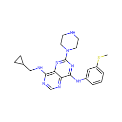 CSc1cccc(Nc2nc(N3CCNCC3)nc3c(NCC4CC4)ncnc23)c1 ZINC000084616388