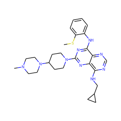 CSc1ccccc1Nc1nc(N2CCC(N3CCN(C)CC3)CC2)nc2c(NCC3CC3)ncnc12 ZINC000084654292