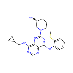 CSc1ccccc1Nc1nc(N2CCC[C@H](N)C2)nc2c(NCC3CC3)ncnc12 ZINC000084596494