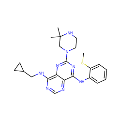 CSc1ccccc1Nc1nc(N2CCNC(C)(C)C2)nc2c(NCC3CC3)ncnc12 ZINC000084653870