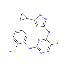 CSc1ccccc1Nc1ncc(Br)c(Nc2cc(C3CC3)[nH]n2)n1 ZINC000203004787