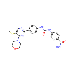 CSc1cnc(-c2ccc(NC(=O)Nc3ccc(C(N)=O)cc3)cc2)nc1N1CCOCC1 ZINC000205770883