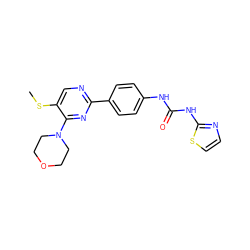 CSc1cnc(-c2ccc(NC(=O)Nc3nccs3)cc2)nc1N1CCOCC1 ZINC000118213239