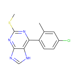 CSc1nc(-c2ccc(Cl)cc2C)c2[nH]cnc2n1 ZINC000034986570