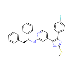 CSc1nc(-c2ccc(F)cc2)c(-c2ccnc(N[C@@H](Cc3ccccc3)c3ccccc3)c2)[nH]1 ZINC000040955130