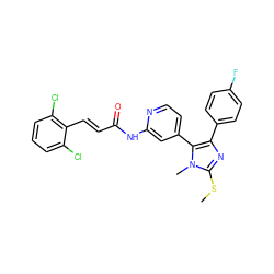 CSc1nc(-c2ccc(F)cc2)c(-c2ccnc(NC(=O)/C=C/c3c(Cl)cccc3Cl)c2)n1C ZINC000064526861