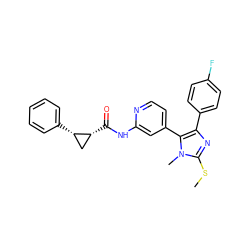 CSc1nc(-c2ccc(F)cc2)c(-c2ccnc(NC(=O)[C@@H]3C[C@@H]3c3ccccc3)c2)n1C ZINC000169321572