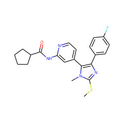 CSc1nc(-c2ccc(F)cc2)c(-c2ccnc(NC(=O)C3CCCC3)c2)n1C ZINC000064527101