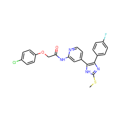 CSc1nc(-c2ccc(F)cc2)c(-c2ccnc(NC(=O)COc3ccc(Cl)cc3)c2)[nH]1 ZINC000064512295