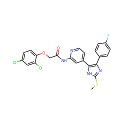 CSc1nc(-c2ccc(F)cc2)c(-c2ccnc(NC(=O)COc3ccc(Cl)cc3Cl)c2)[nH]1 ZINC000064503382