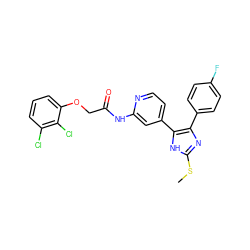 CSc1nc(-c2ccc(F)cc2)c(-c2ccnc(NC(=O)COc3cccc(Cl)c3Cl)c2)[nH]1 ZINC000064539277