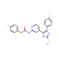 CSc1nc(-c2ccc(F)cc2)c(-c2ccnc(NC(=O)Cc3ccc(F)cc3)c2)[nH]1 ZINC000064512245