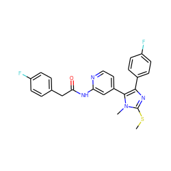 CSc1nc(-c2ccc(F)cc2)c(-c2ccnc(NC(=O)Cc3ccc(F)cc3)c2)n1C ZINC000064527276