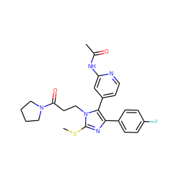 CSc1nc(-c2ccc(F)cc2)c(-c2ccnc(NC(C)=O)c2)n1CCC(=O)N1CCCC1 ZINC000064539282