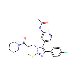 CSc1nc(-c2ccc(F)cc2)c(-c2ccnc(NC(C)=O)c2)n1CCC(=O)N1CCCCC1 ZINC000064513148