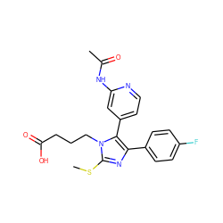 CSc1nc(-c2ccc(F)cc2)c(-c2ccnc(NC(C)=O)c2)n1CCCC(=O)O ZINC000064527242