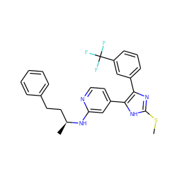 CSc1nc(-c2cccc(C(F)(F)F)c2)c(-c2ccnc(N[C@@H](C)CCc3ccccc3)c2)[nH]1 ZINC000040934645