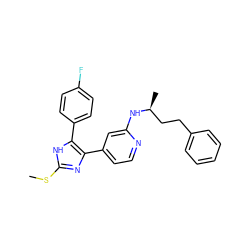 CSc1nc(-c2ccnc(N[C@@H](C)CCc3ccccc3)c2)c(-c2ccc(F)cc2)[nH]1 ZINC000040955993