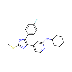 CSc1nc(-c2ccnc(NC3CCCCC3)c2)c(-c2ccc(F)cc2)[nH]1 ZINC000040413391