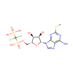 CSc1nc(N)c2ncn([C@@H]3O[C@H](CO[P@](=O)(O)C(Cl)(Cl)P(=O)(O)O)[C@@H](O)[C@H]3O)c2n1 ZINC000049802837