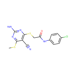 CSc1nc(N)nc(SCC(=O)Nc2ccc(Cl)cc2)c1C#N ZINC000002267400