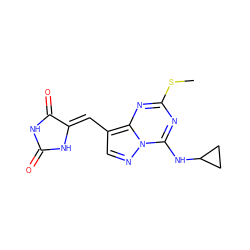 CSc1nc(NC2CC2)n2ncc(/C=C3\NC(=O)NC3=O)c2n1 ZINC000117573932