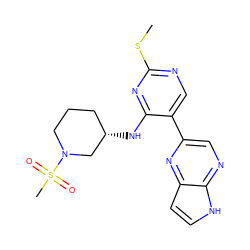 CSc1ncc(-c2cnc3[nH]ccc3n2)c(N[C@H]2CCCN(S(C)(=O)=O)C2)n1 ZINC000169203589