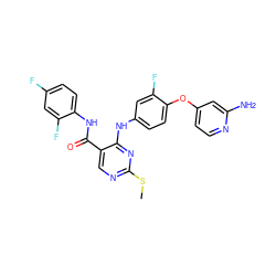 CSc1ncc(C(=O)Nc2ccc(F)cc2F)c(Nc2ccc(Oc3ccnc(N)c3)c(F)c2)n1 ZINC000049783682