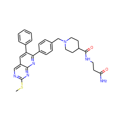 CSc1ncc2cc(-c3ccccc3)c(-c3ccc(CN4CCC(C(=O)NCCC(N)=O)CC4)cc3)nc2n1 ZINC000028980055