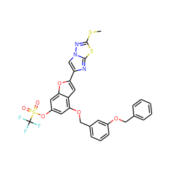 CSc1nn2cc(-c3cc4c(OCc5cccc(OCc6ccccc6)c5)cc(OS(=O)(=O)C(F)(F)F)cc4o3)nc2s1 ZINC000653752889