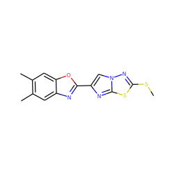 CSc1nn2cc(-c3nc4cc(C)c(C)cc4o3)nc2s1 ZINC000653753168